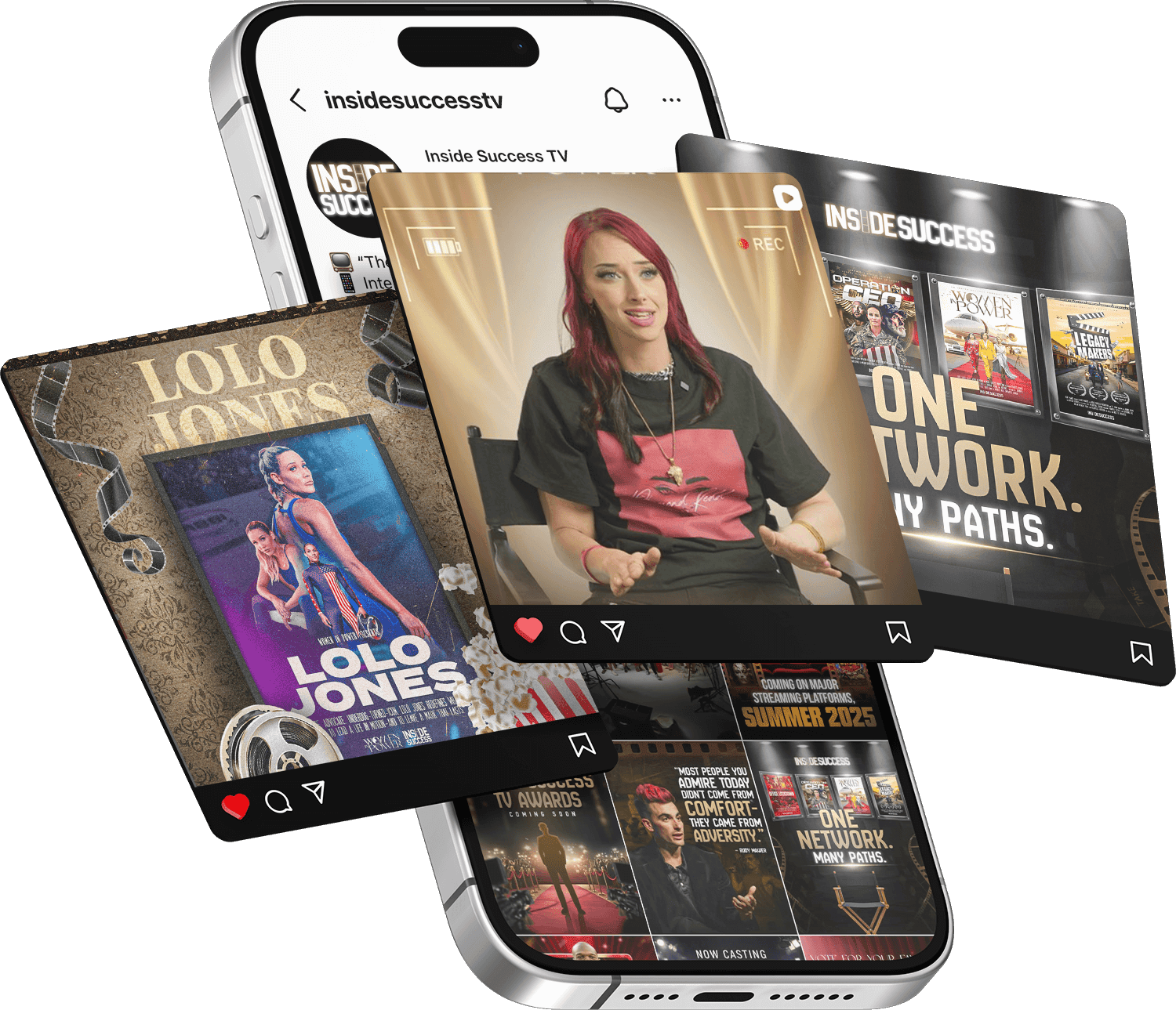 A framed "Women in Power" poster illuminated by spotlights, symbolizing the series' prestige and "Success Inside" production values.